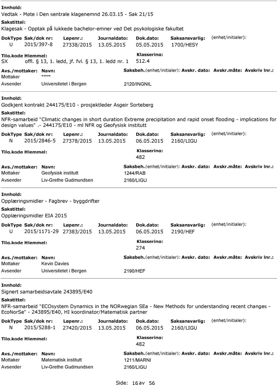 : Mottaker niversitetet i Bergen 2120/GL Godkjent kontrakt 244175/E10 - prosjektleder Asgeir Sorteberg FR-samarbeid "Climatic changes in short duration Extreme precipitation and rapid onset flooding