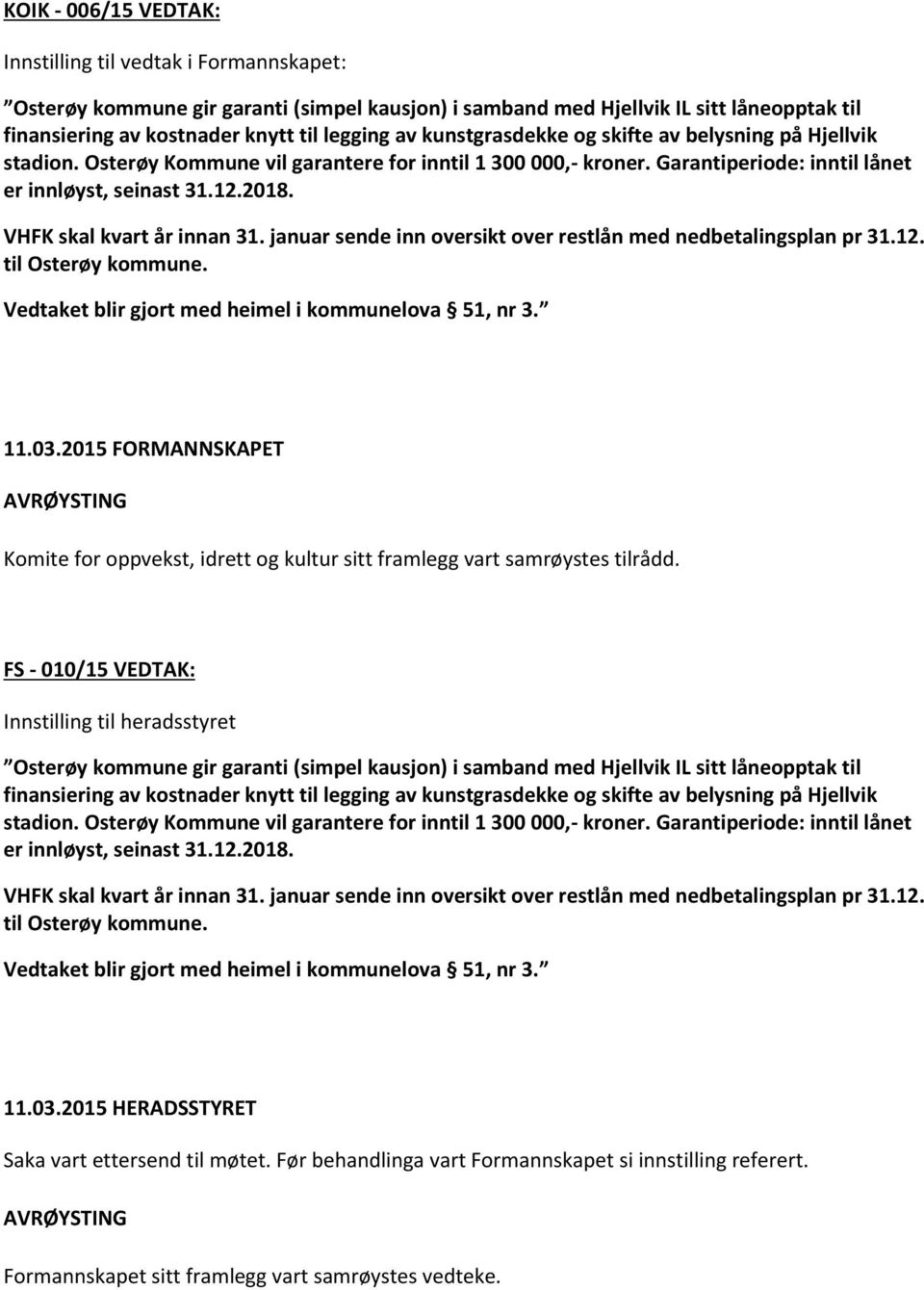 VHFK skal kvart år innan 31. januar sende inn oversikt over restlån med nedbetalingsplan pr 31.12. til Osterøy kommune. Vedtaket blir gjort med heimel i kommunelova 51, nr 3. 11.03.