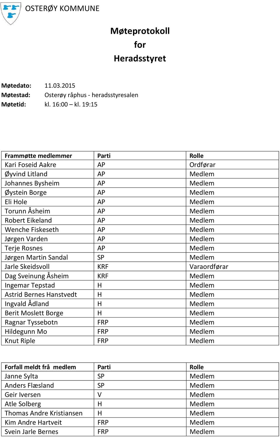 Eikeland AP Medlem Wenche Fiskeseth AP Medlem Jørgen Varden AP Medlem Terje Rosnes AP Medlem Jørgen Martin Sandal SP Medlem Jarle Skeidsvoll KRF Varaordførar Dag Sveinung Åsheim KRF Medlem Ingemar