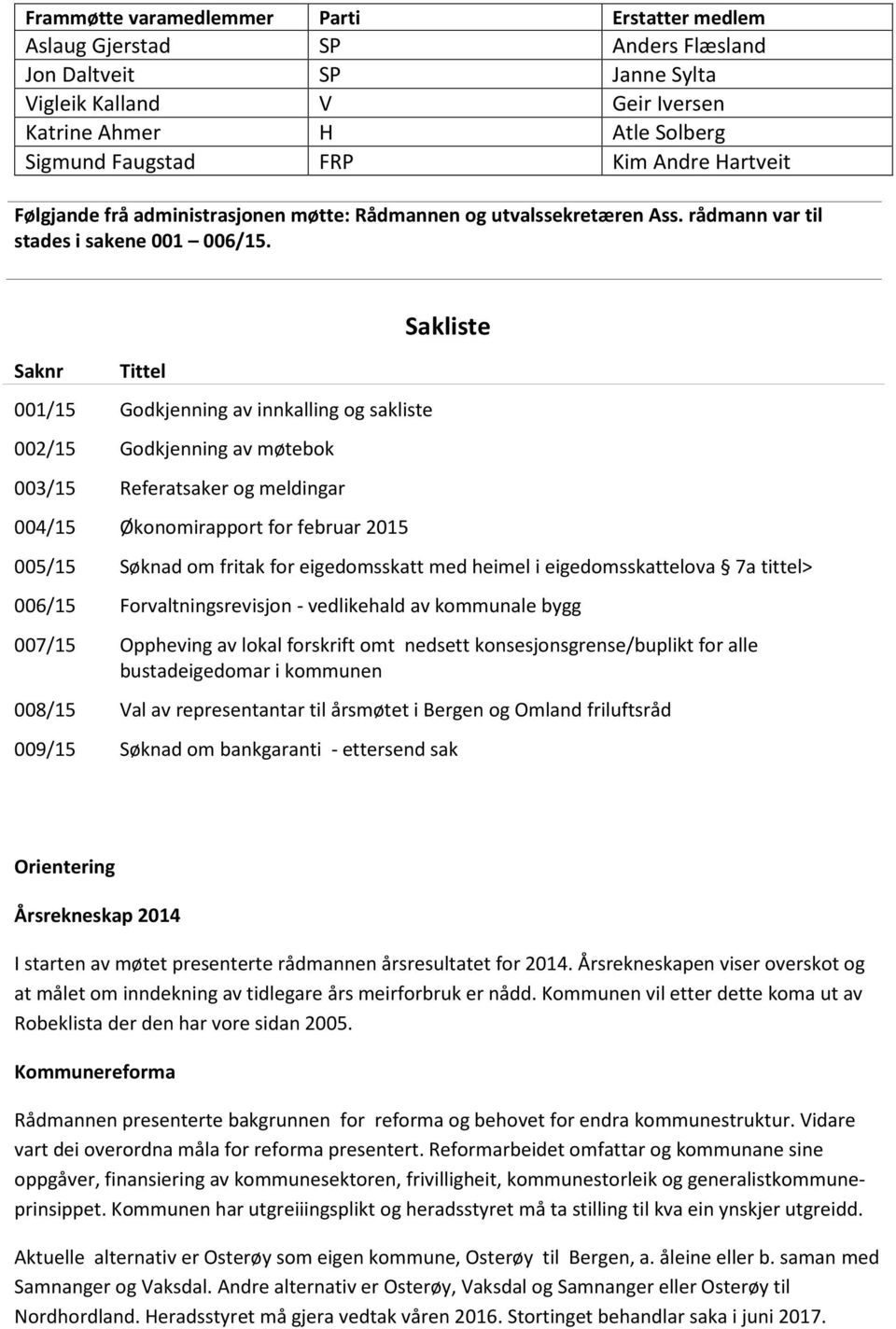 Saknr Tittel 001/15 Godkjenning av innkalling og sakliste 002/15 Godkjenning av møtebok 003/15 Referatsaker og meldingar 004/15 Økonomirapport for februar 2015 Sakliste 005/15 Søknad om fritak for