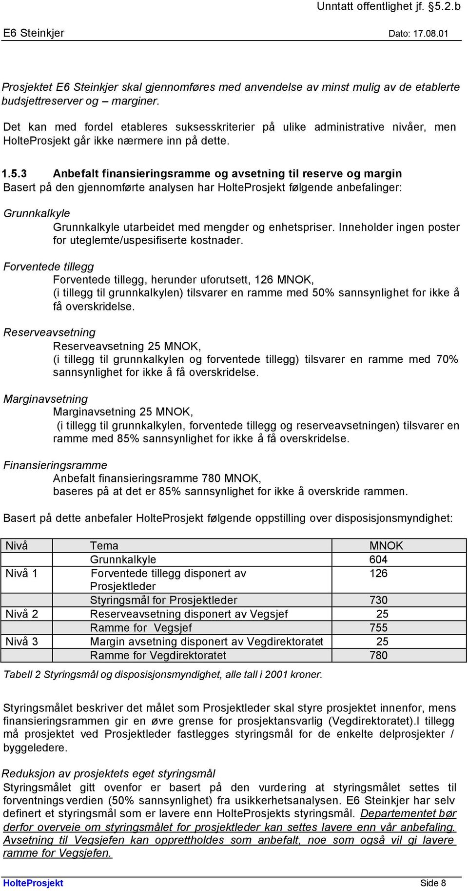 3 Anbefalt finansieringsramme og avsetning til reserve og margin Basert på den gjennomførte analysen har HolteProsjekt følgende anbefalinger: Grunnkalkyle Grunnkalkyle utarbeidet med mengder og