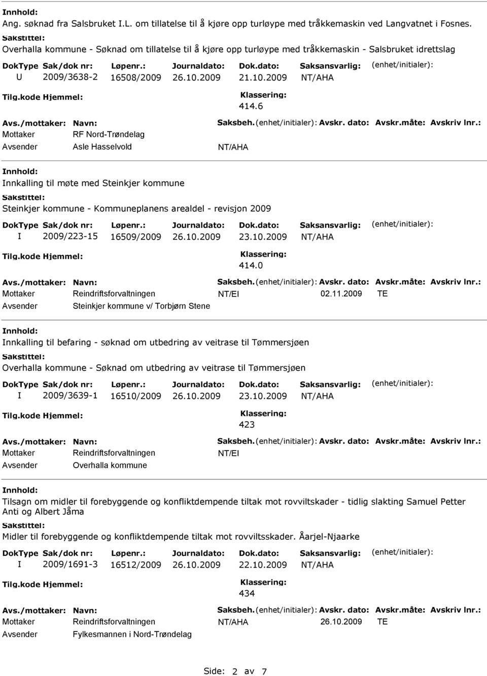 6 Mottaker RF Nord-Trøndelag Asle Hasselvold nnkalling til møte med Steinkjer kommune Steinkjer kommune - Kommuneplanens arealdel - revisjon 2009 2009/223-15 16509/2009 23.10.2009 414.0 NT/E 02.11.