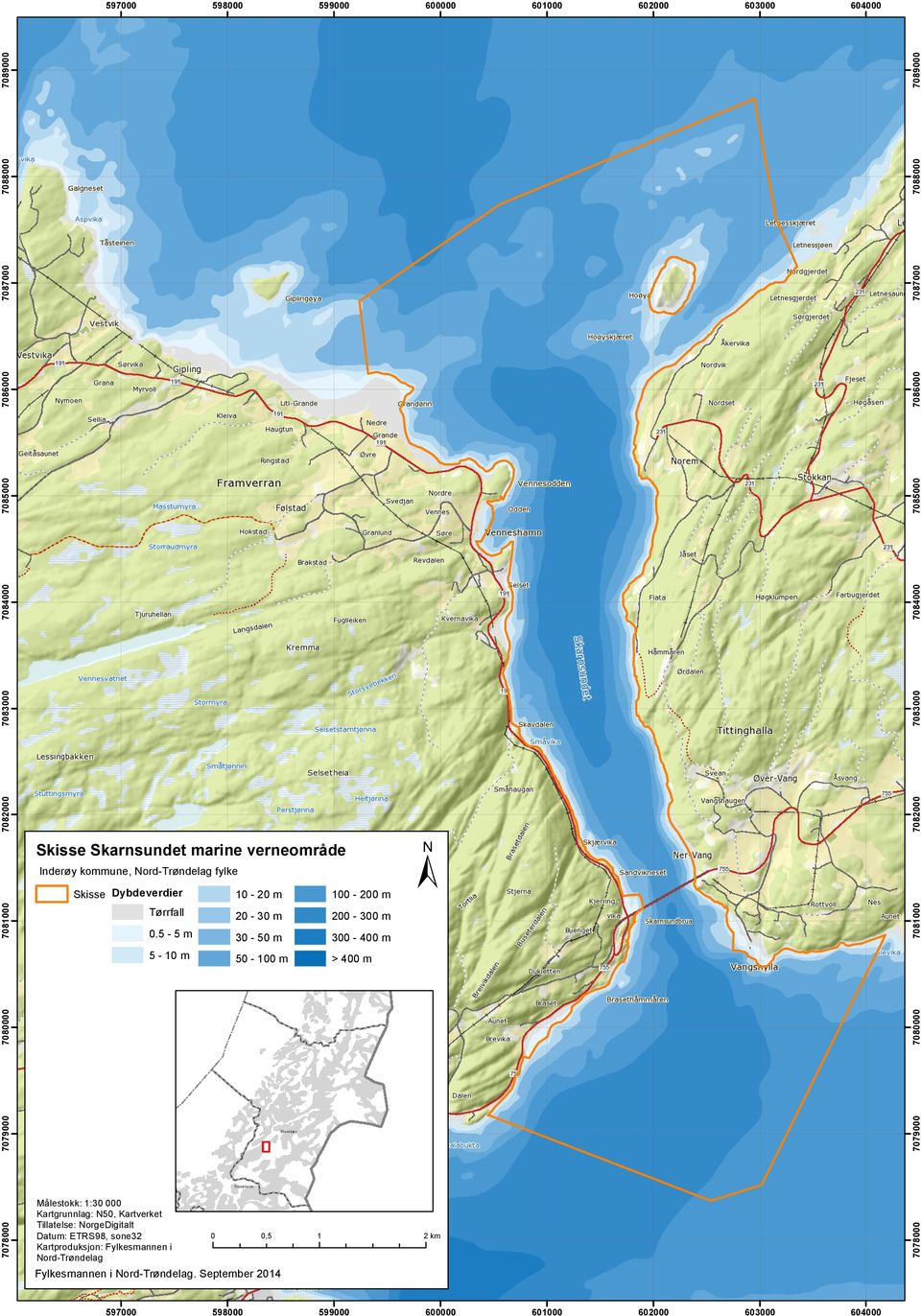 5-5 m 20-30 m 200-300 m 30-50 m 300-400 m 50-100 m > 400 m ± 7079000 7079000 7080000 100-200 m 7080000 5-10 m 10-20 m 7082000 Skisse Skarnsundet marine verneområde 7081000 7082000