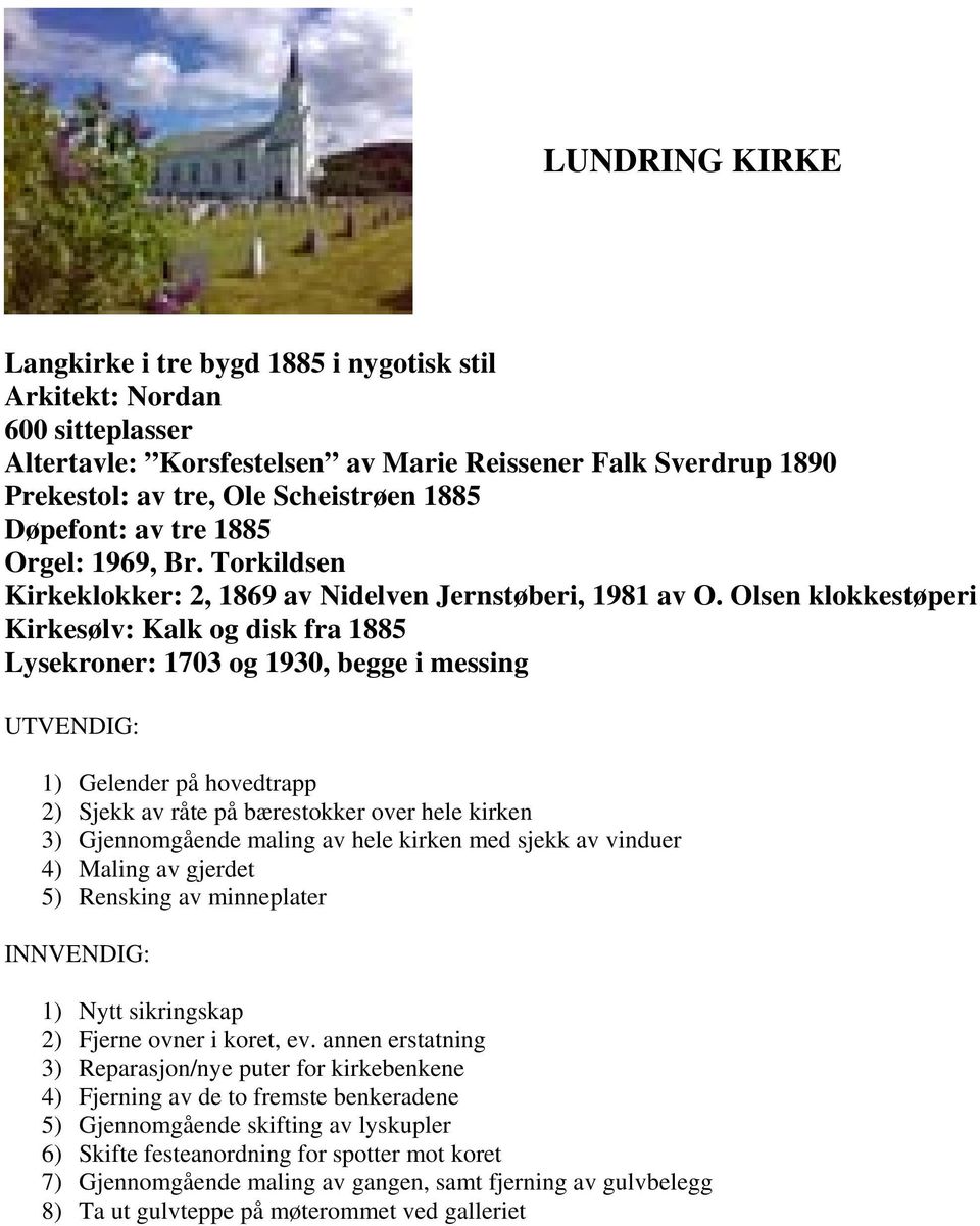 Olsen klokkestøperi Kirkesølv: Kalk og disk fra 1885 Lysekroner: 1703 og 1930, begge i messing UTVENDIG: 1) Gelender på hovedtrapp 2) Sjekk av råte på bærestokker over hele kirken 3) Gjennomgående