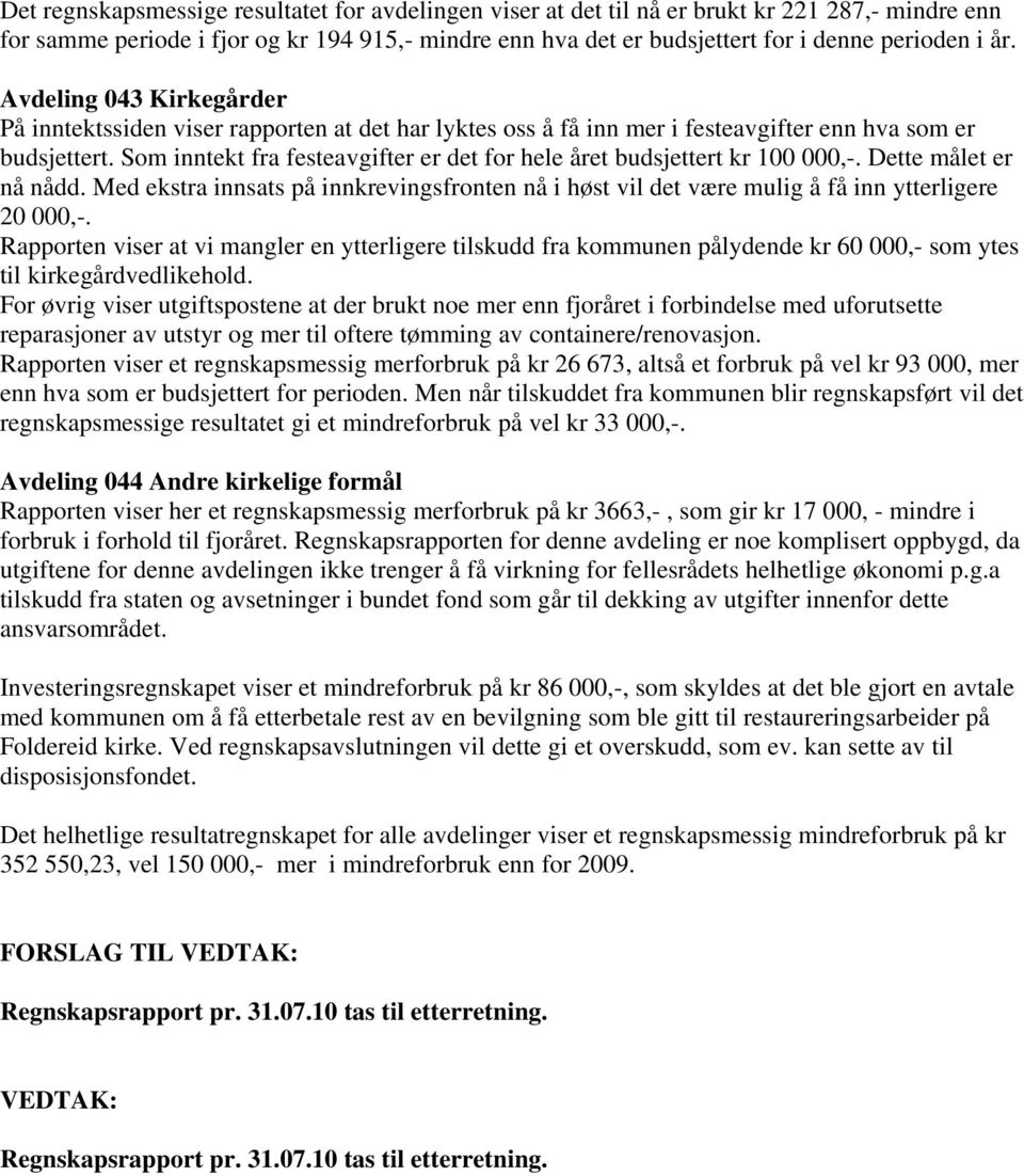 Som inntekt fra festeavgifter er det for hele året budsjettert kr 100 000,-. Dette målet er nå nådd.