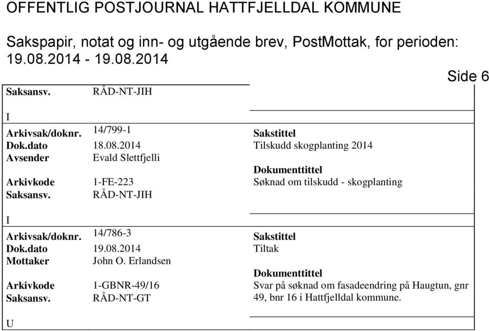 2014 Tilskudd skogplanting 2014 Avsender Evald Slettfjelli Arkivkode 1-FE-223 Søknad om tilskudd - skogplanting