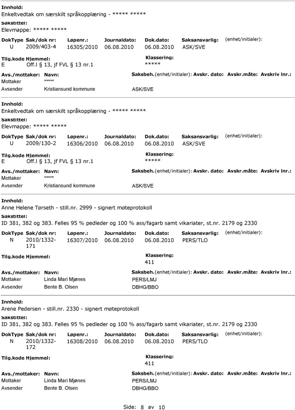 : 16307/2010 PRS/TLO 411 Mottaker Linda Mari Mjønes PRS/LMJ Bente B. Olsen DBHG/BBO Arene Pedersen - still.nr. 2330 - signert møteprotokoll D 381, 382 og 383.