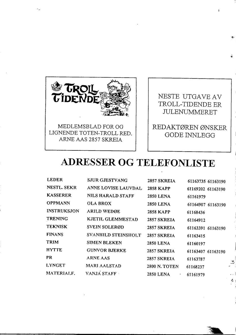 KASSERER NILS HARALD STAFF 2850 LENA 61161979 OPPMANN OLA BROX 2850 LENA 61164907 61163190 INSTRUKSJON ARILD WEI>0E 2858 KAPP 61168436 TRENTNG K.