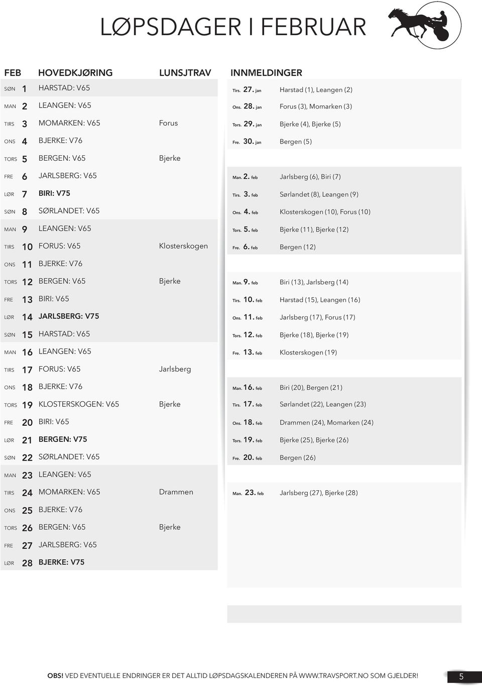 feb Bergen (12) BERGEN: V65 BIRI: V65 JARLSBERG: V75 HARSTAD: V65 LEANGEN: V65 FORUS: V65 KLOSTERSKOGEN: V65 BIRI: V65 BERGEN: V75 SØRLANDET: V65 LEANGEN: V65 MOMARKEN: V65 BERGEN: V65 JARLSBERG: V65