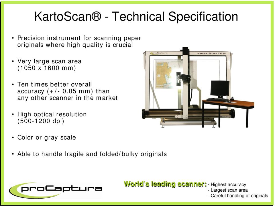 05 mm) than any other scanner in the market High optical resolution (500-1200 dpi) Color or gray scale Able to