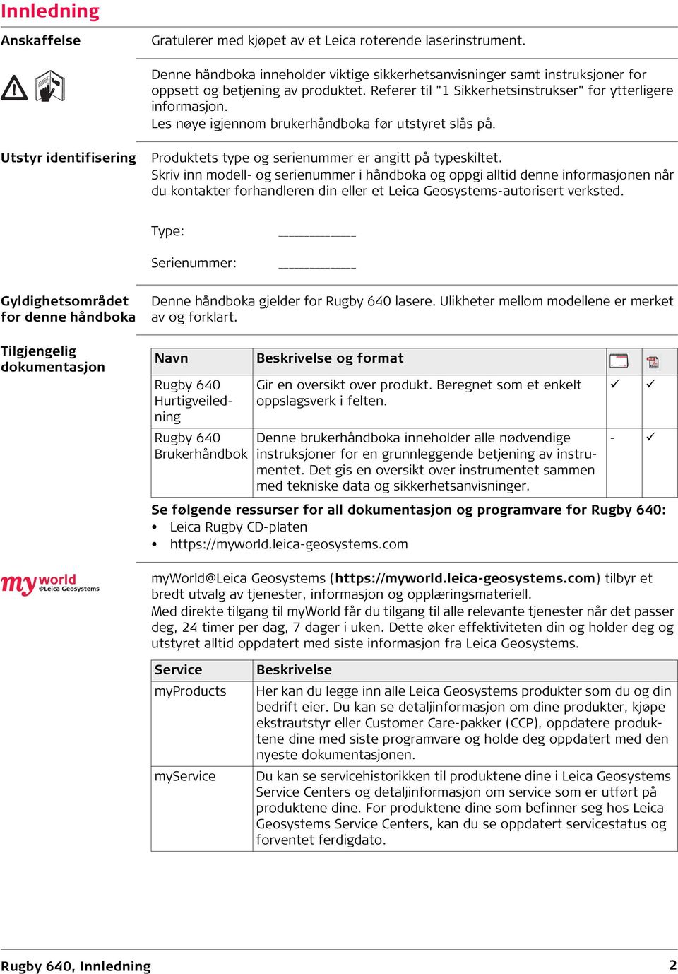 Skriv inn modell- og serienummer i håndboka og oppgi alltid denne informasjonen når du kontakter forhandleren din eller et Leica Geosystems-autorisert verksted.