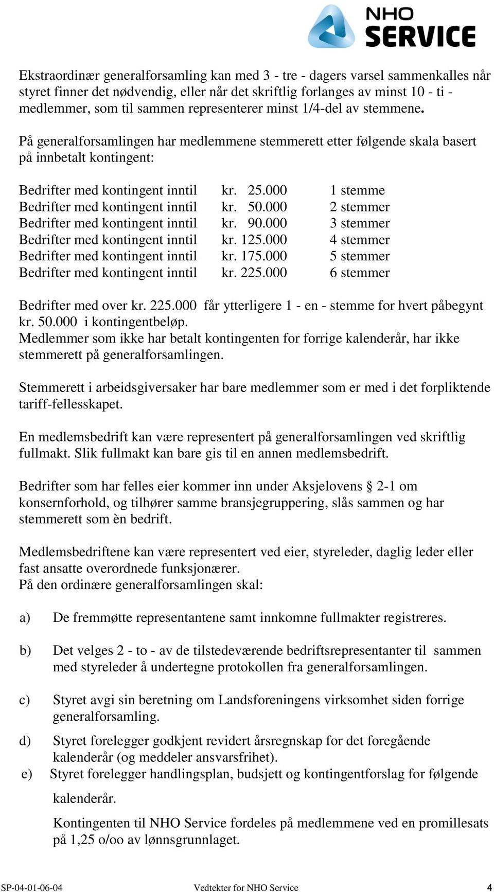 000 1 stemme Bedrifter med kontingent inntil kr. 50.000 2 stemmer Bedrifter med kontingent inntil kr. 90.000 3 stemmer Bedrifter med kontingent inntil kr. 125.