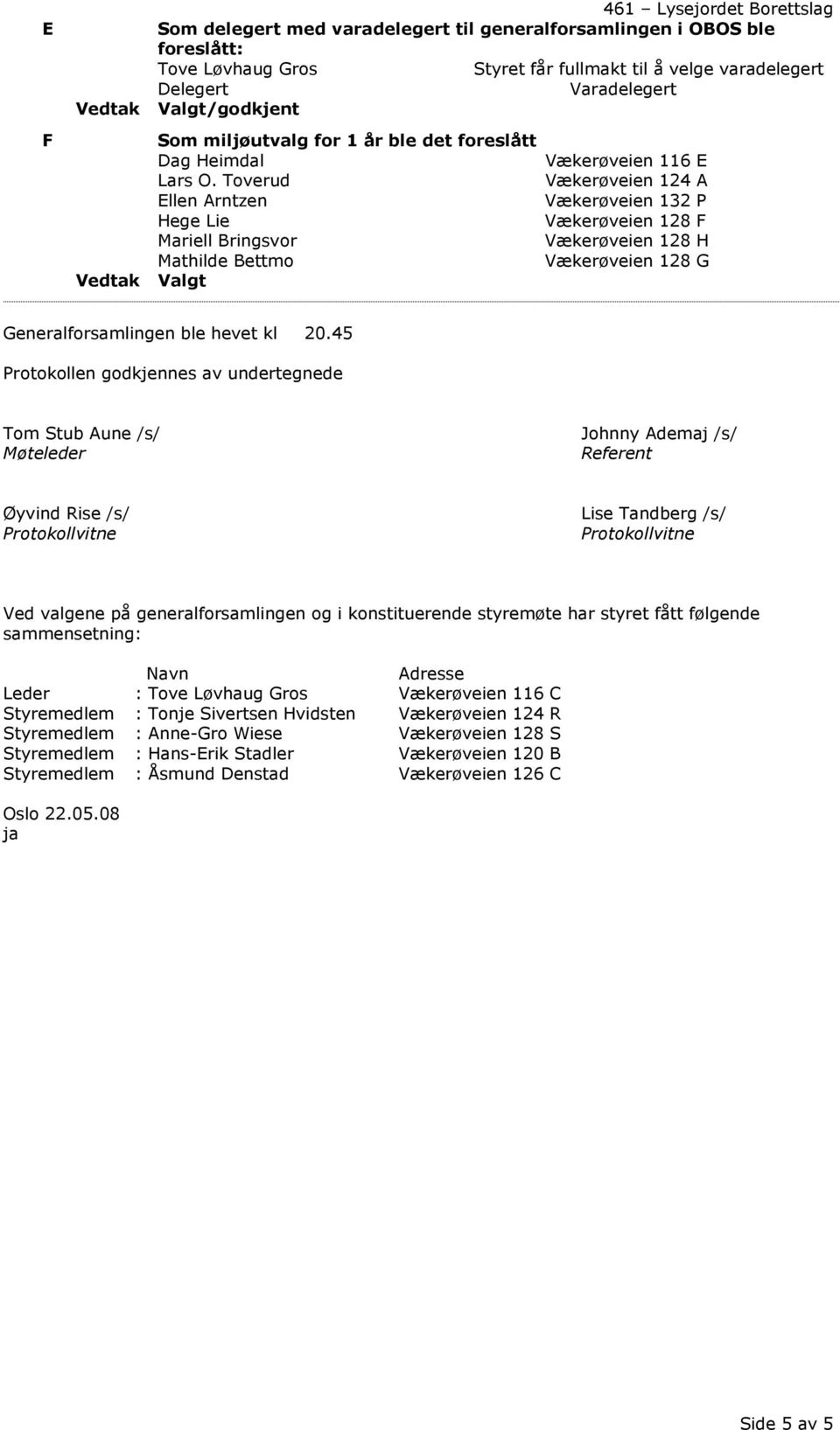 Toverud Vækerøveien 124 A Ellen Arntzen Vækerøveien 132 P Hege Lie Vækerøveien 128 F Mariell Bringsvor Vækerøveien 128 H Mathilde Bettmo Vækerøveien 128 G Generalforsamlingen ble hevet kl 20.