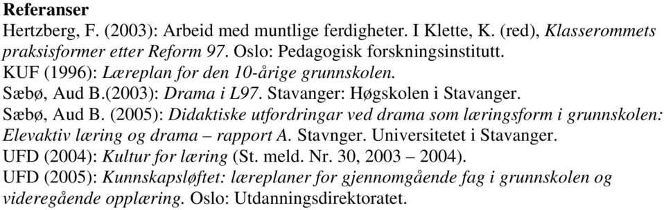 Sæbø, Aud B. (2005): Didaktiske utfordringar ved drama som læringsform i grunnskolen: Elevaktiv læring og drama rapport A. Stavnger. Universitetet i Stavanger.