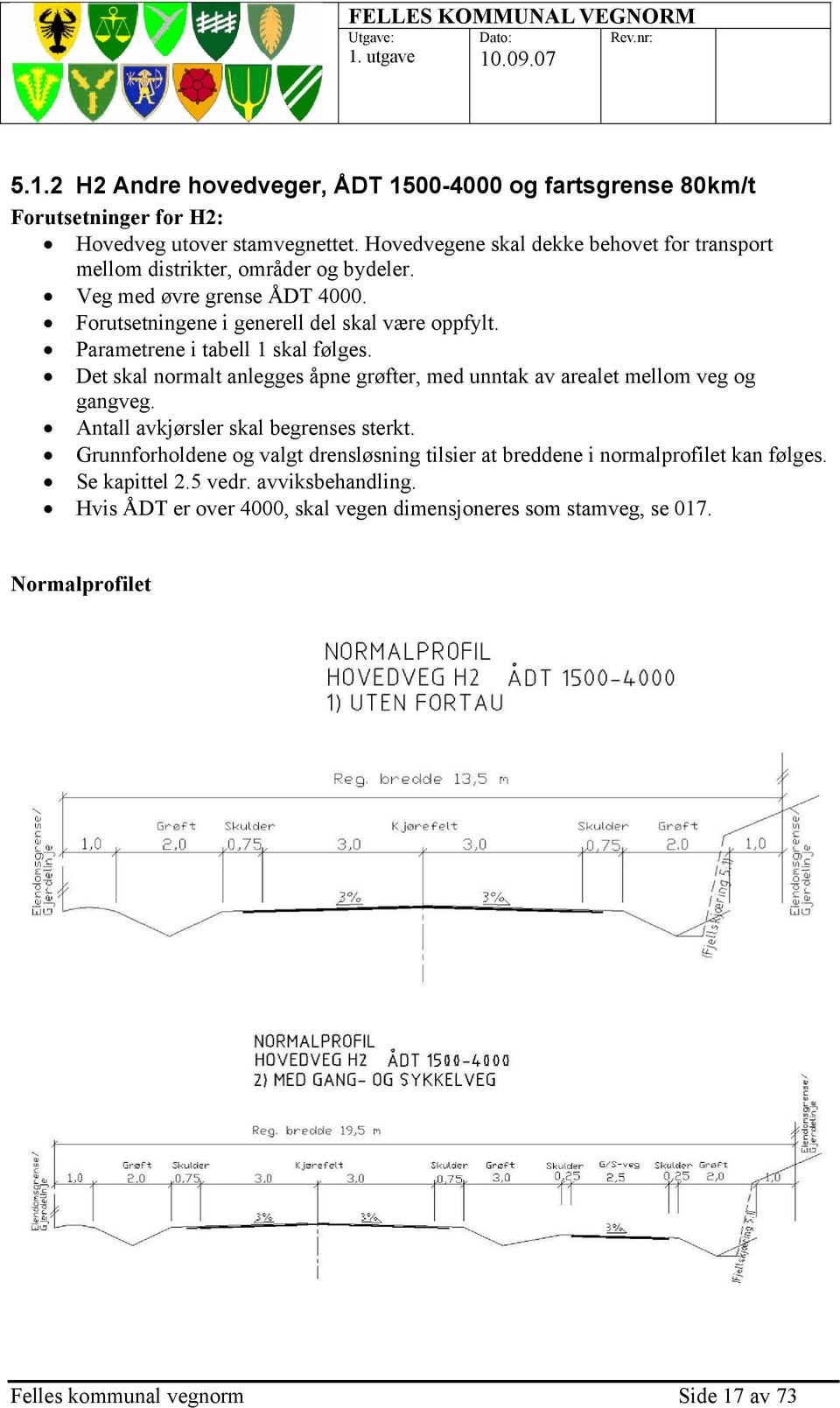 Parametrene i tabell 1 skal følges. Det skal normalt anlegges åpne grøfter, med unntak av arealet mellom veg og gangveg. Antall avkjørsler skal begrenses sterkt.