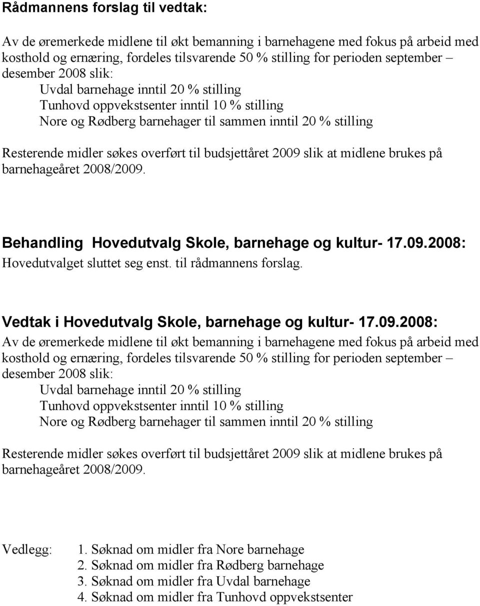 budsjettåret 2009 slik at midlene brukes på barnehageåret 2008/2009. Behandling Hovedutvalg Skole, barnehage og kultur- 17.09.2008: Hovedutvalget sluttet seg enst. til rådmannens forslag.