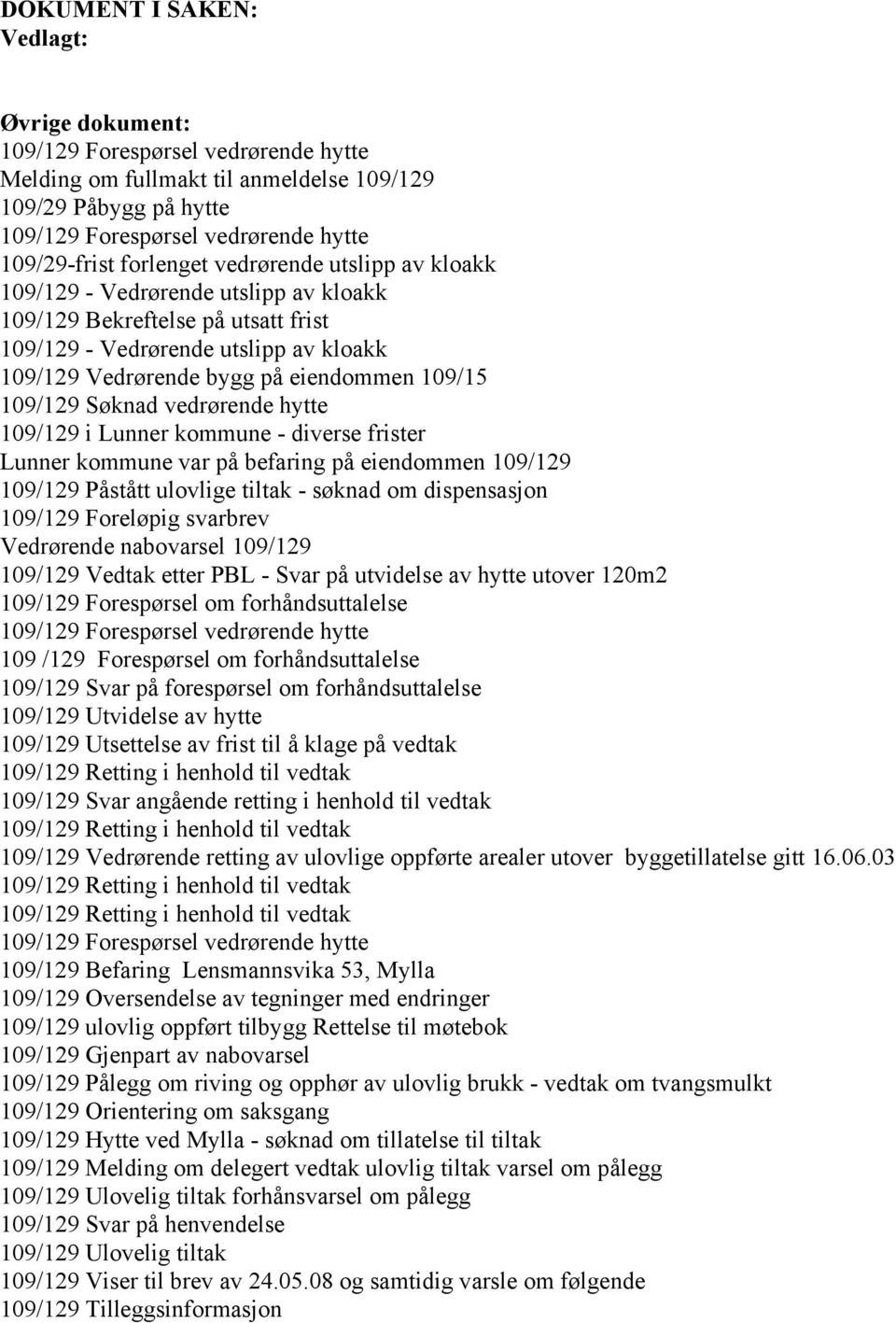 109/129 Søknad vedrørende hytte 109/129 i Lunner kommune - diverse frister Lunner kommune var på befaring på eiendommen 109/129 109/129 Påstått ulovlige tiltak - søknad om dispensasjon 109/129