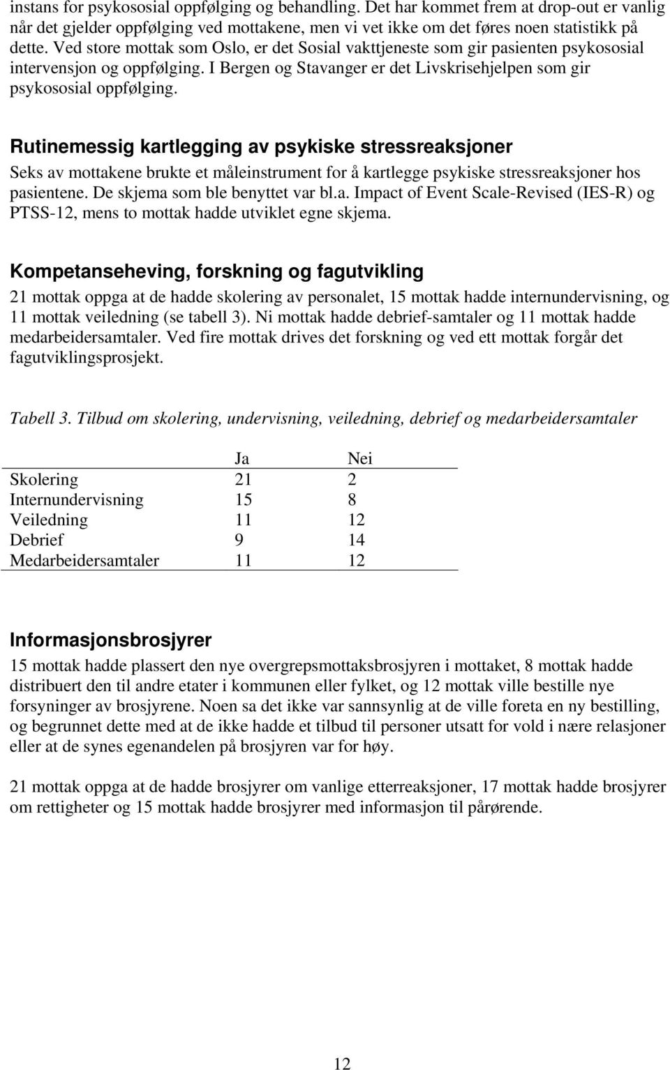 Rutinemessig kartlegging av psykiske stressreaksjoner Seks av mottakene brukte et måleinstrument for å kartlegge psykiske stressreaksjoner hos pasientene. De skjema som ble benyttet var bl.a. Impact of Event Scale-Revised (IES-R) og PTSS-12, mens to mottak hadde utviklet egne skjema.