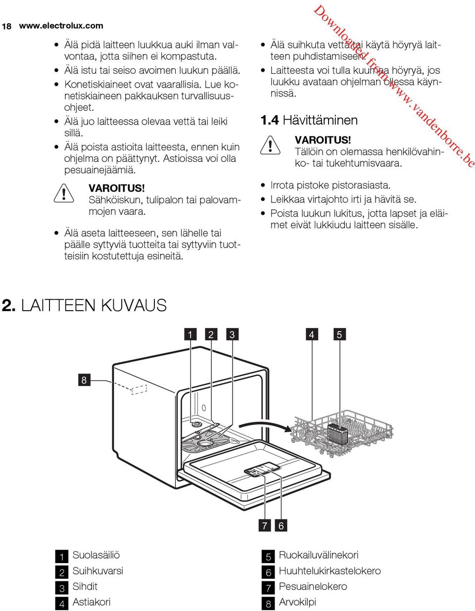 VAROITUS! Sähköiskun, tulipalon tai palovammojen vaara. Älä aseta laitteeseen, sen lähelle tai päälle syttyviä tuotteita tai syttyviin tuotteisiin kostutettuja esineitä.