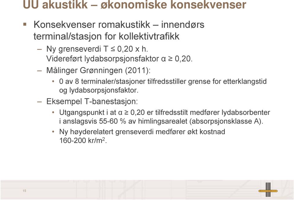 Målinger Grønningen (2011): 0 av 8 terminaler/stasjoner tilfredsstiller grense for etterklangstid og