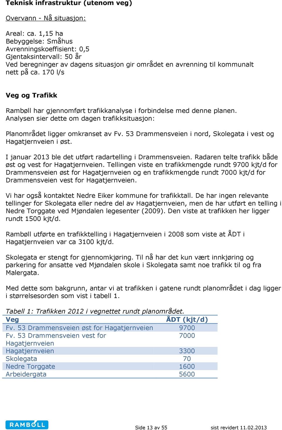 170 l/s Veg og Trafikk Rambøll har gjennomført trafikkanalyse i forbindelse med denne planen. Analysen sier dette om dagen trafikksituasjon: Planområdet ligger omkranset av Fv.