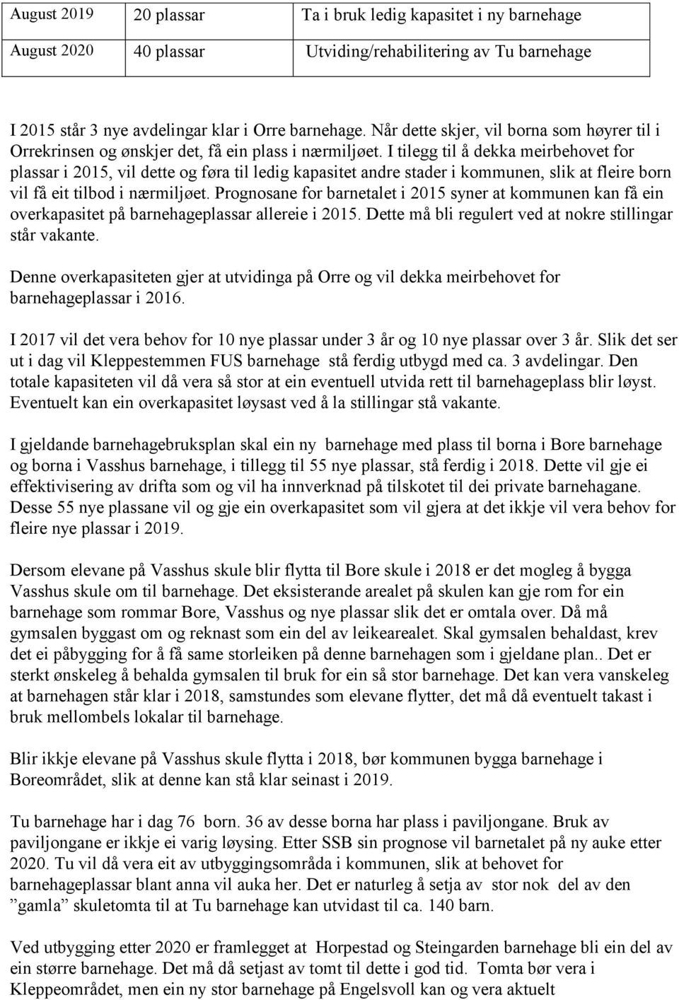 I tilegg til å dekka meirbehovet for plassar i 2015, vil dette og føra til ledig kapasitet andre stader i kommunen, slik at fleire born vil få eit tilbod i nærmiljøet.