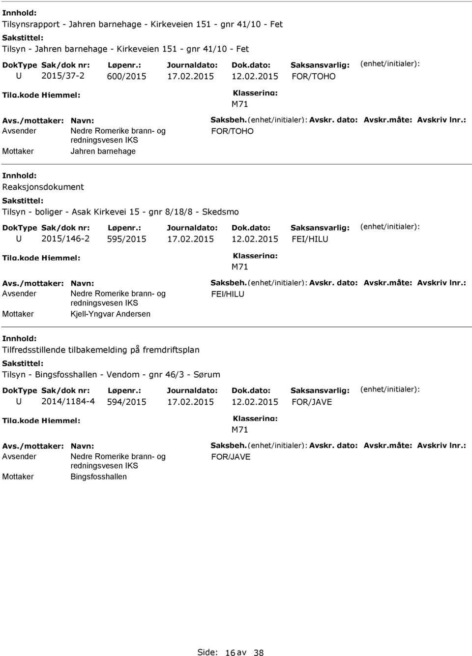 : FOR/TOHO Mottaker Jahren barnehage Reaksjonsdokument Tilsyn - boliger - Asak Kirkevei 15 - gnr 8/18/8 - Skedsmo 2015/146-2 595/2015 12.02.2015 FE/HL Avs.