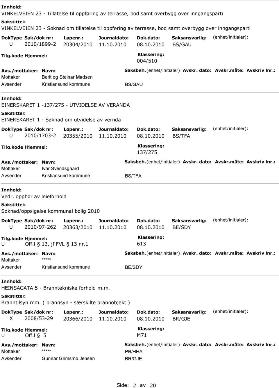 : Mottaker Berit og Steinar Madsen BS/GA NRSKART 1-137/275 - TVDLS AV VRANDA NRSKART 1 - Søknad om utvidelse av vernda 2010/1703-2 20355/2010 BS/TFA 137/275 Avs./mottaker: Navn: Saksbeh. Avskr.