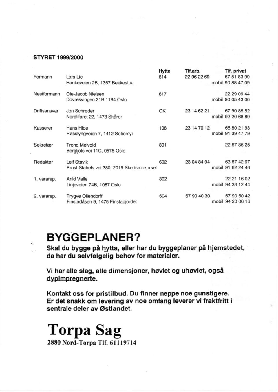 Arild Valle 802 Linjeveien 74B, 1087 Oslo 2. vararep. Trygve Ollendorff 604 Finstadåsen 9, 1475 Finstadjordet Tlf.