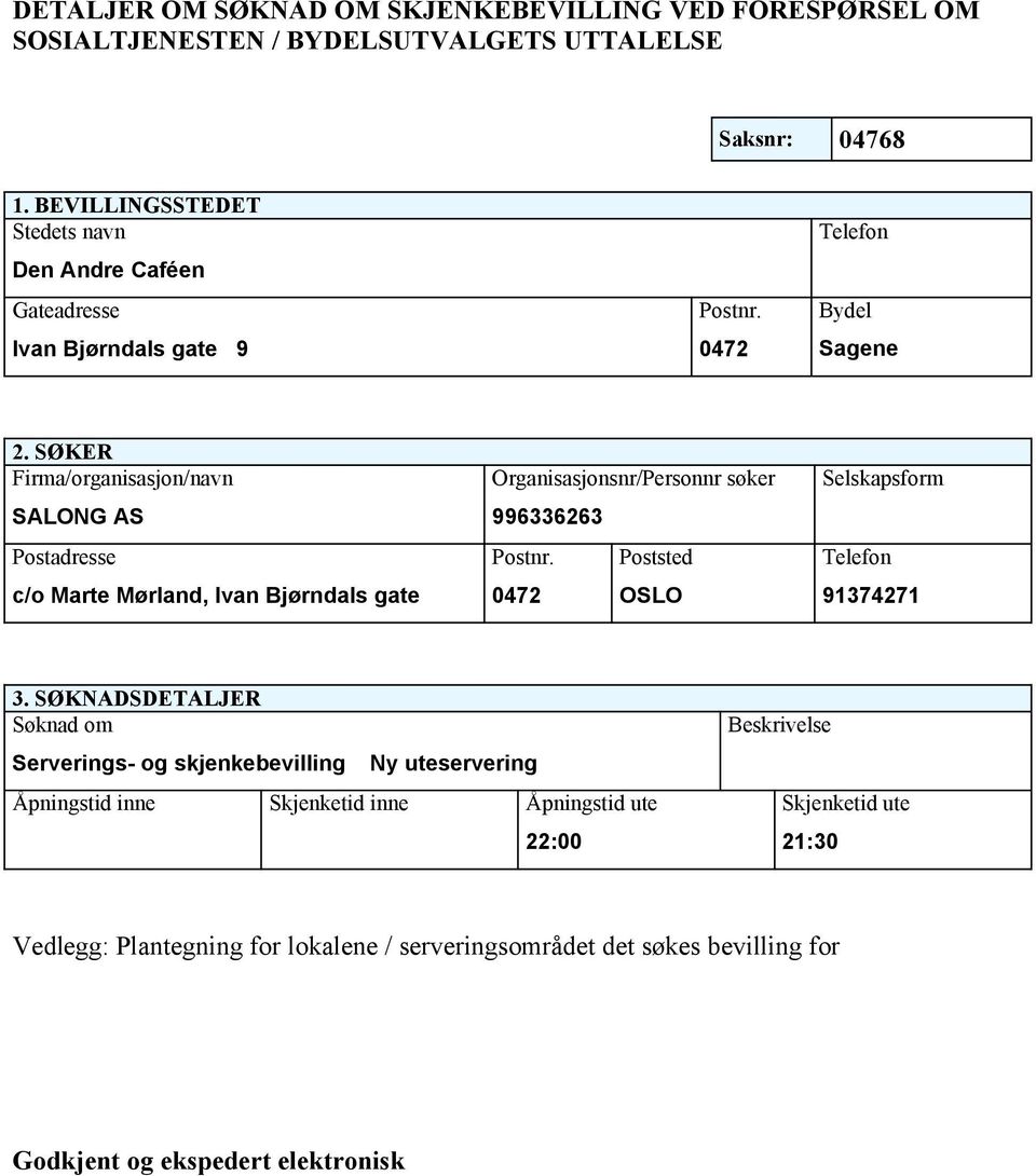 SØKER Firma/organisasjon/navn SALONG AS Postadresse c/o Marte Mørland, Ivan Bjørndals gate Organisasjonsnr/Personnr søker 996336263 Postnr.