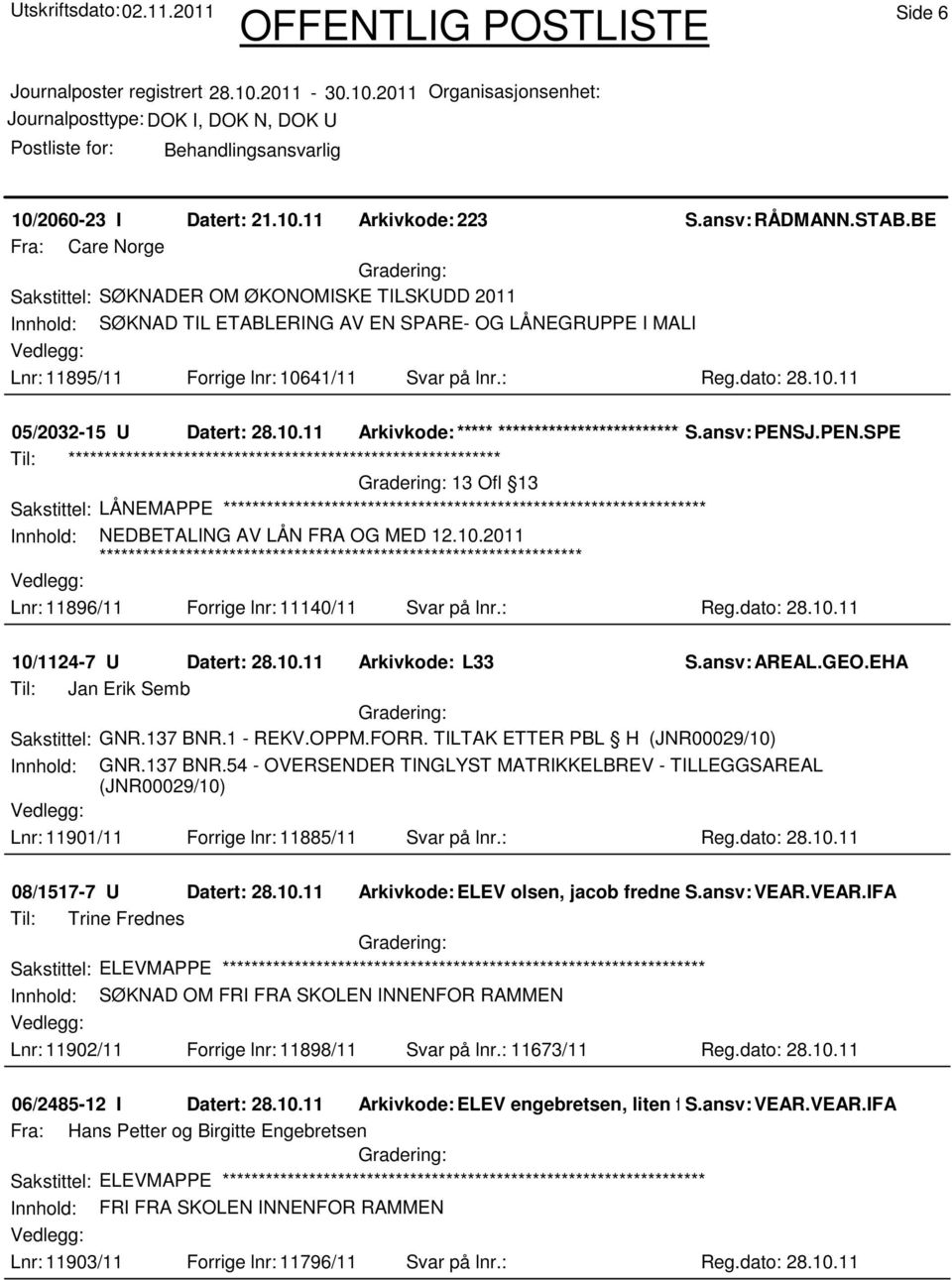 10.11 Arkivkode:***** ****************************** S.ansv: PENSJ.PEN.SPE 13 Ofl 13 Sakstittel: LÅNEMAPPE Innhold: NEDBETALING AV LÅN FRA OG MED 12.10.2011 Lnr: 11896/11 Forrige lnr: 11140/11 Svar på lnr.