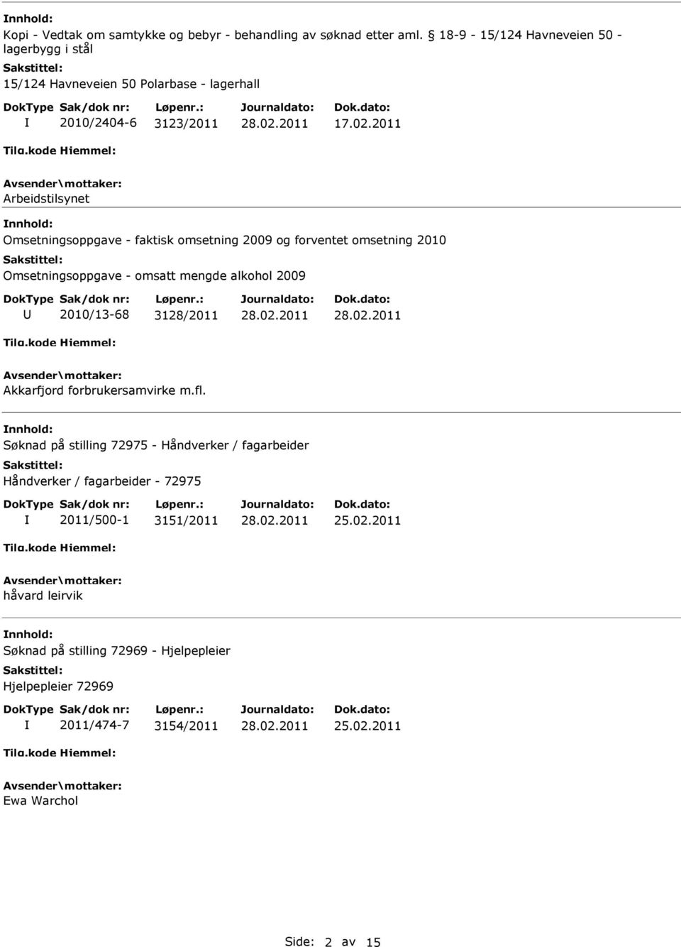 2011 Arbeidstilsynet nnhold: Omsetningsoppgave - faktisk omsetning 2009 og forventet omsetning 2010 Omsetningsoppgave - omsatt mengde alkohol 2009 U 2010/13-68