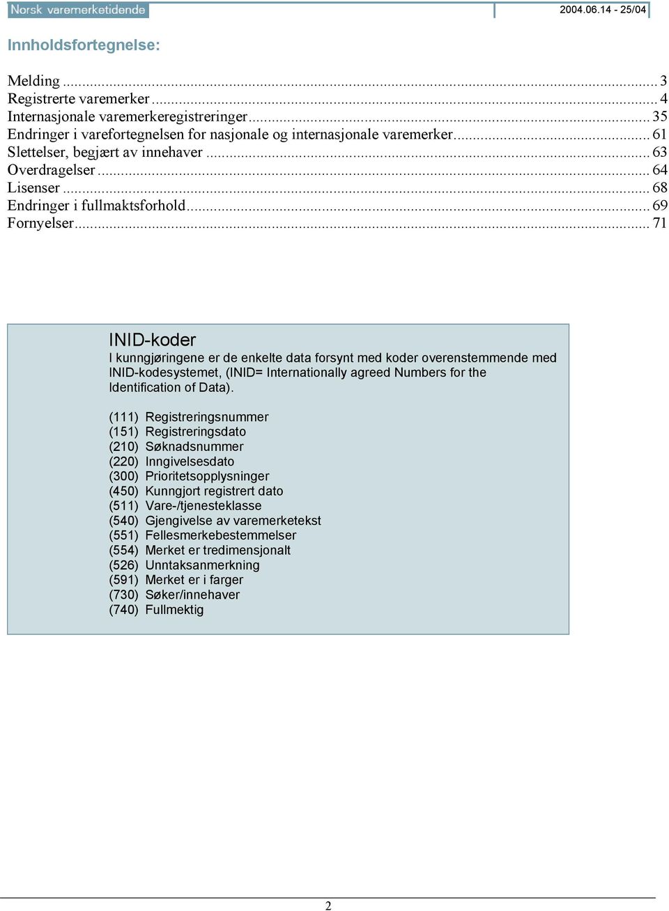 ..71 INID-koder I kunngjøringene er de enkelte data forsynt med koder overenstemmende med INID-kodesystemet, (INID= Internationally agreed Numbers for the Identification of Data).