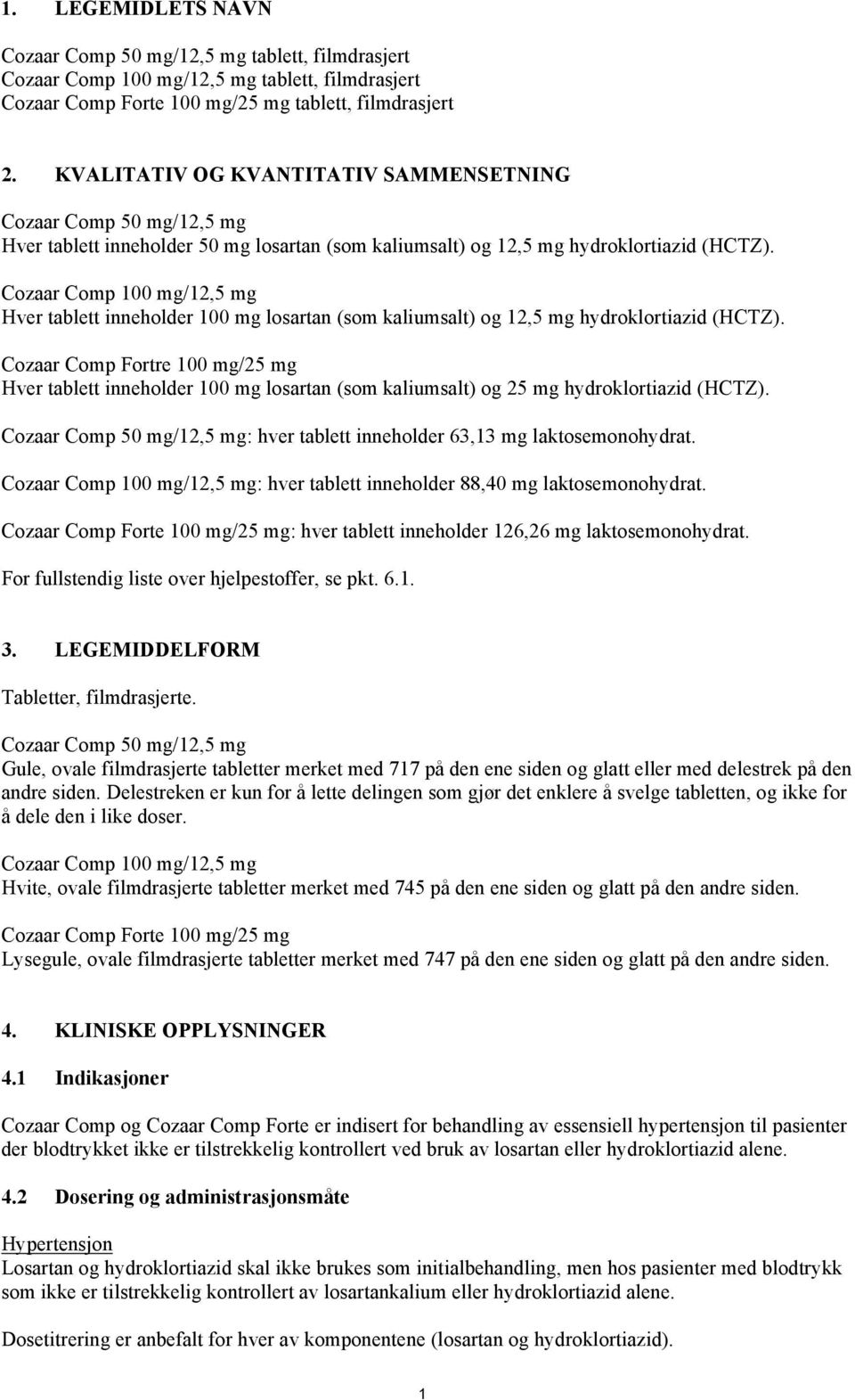 Cozaar Comp 100 mg/12,5 mg Hver tablett inneholder 100 mg losartan (som kaliumsalt) og 12,5 mg hydroklortiazid (HCTZ).