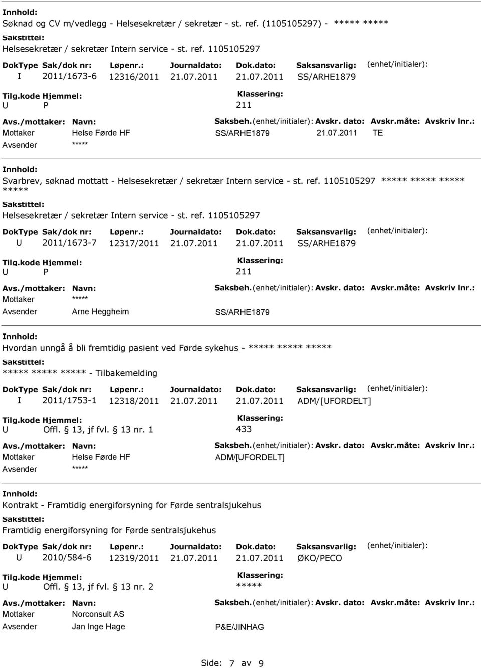 1105105297 2011/1673-7 12317/2011 Arne Heggheim Hvordan unngå å bli fremtidig pasient ved Førde sykehus - - Tilbakemelding 2011/1753-1 12318/2011 ADM/[FORDELT] 433