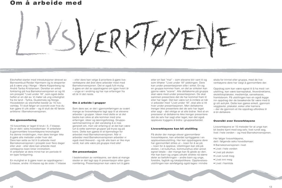 Hoveddelen av elevheftet består av 15 livsverktøy. Til slutt følger en oversikt over hva du kan gjøre til ulik alder og til slutt de 42 første artiklene i Barnekonvensjonen.