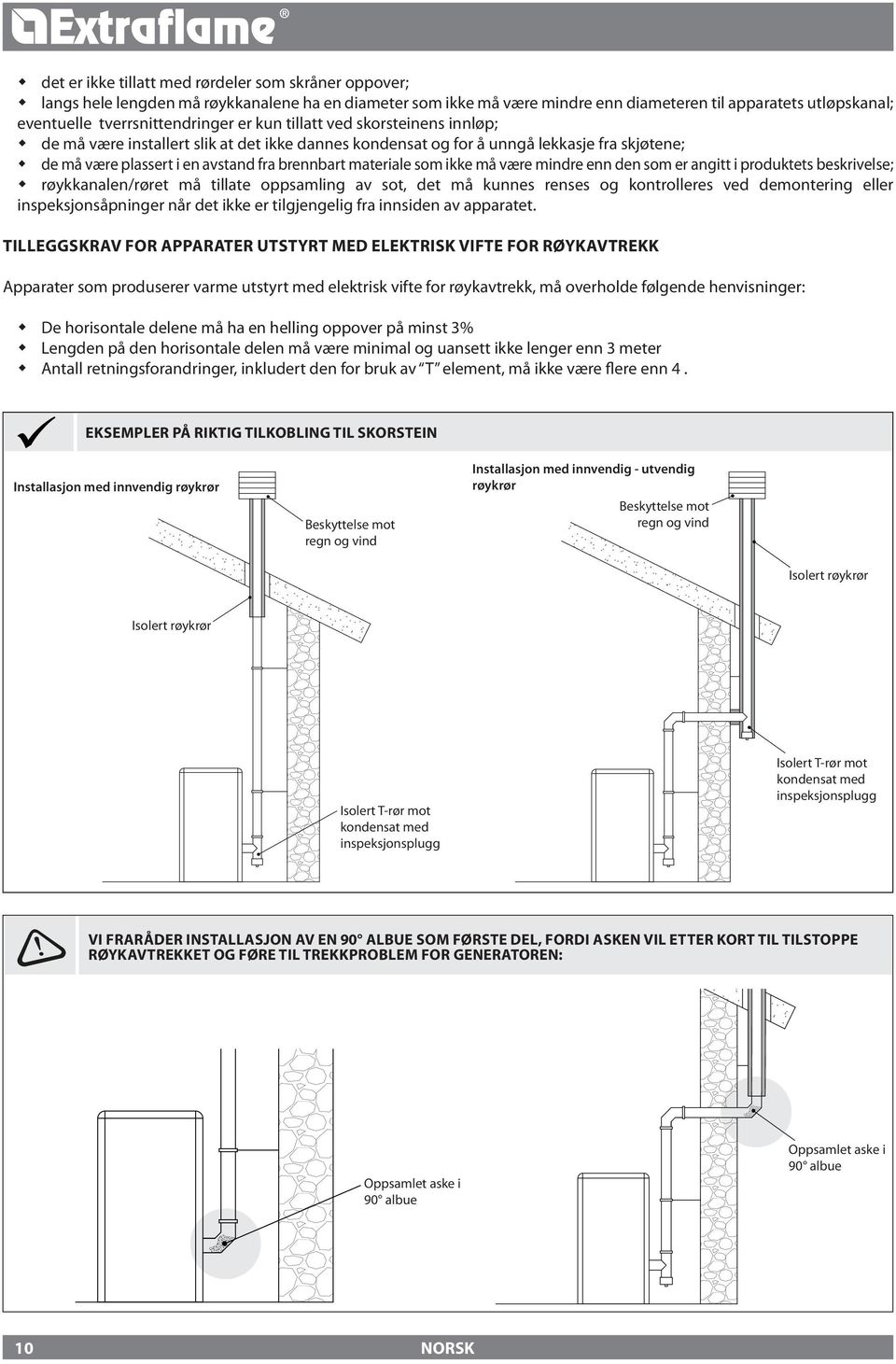 brennbart materiale som ikke må være mindre enn den som er angitt i produktets beskrivelse; røykkanalen/røret må tillate oppsamling av sot, det må kunnes renses og kontrolleres ved demontering eller