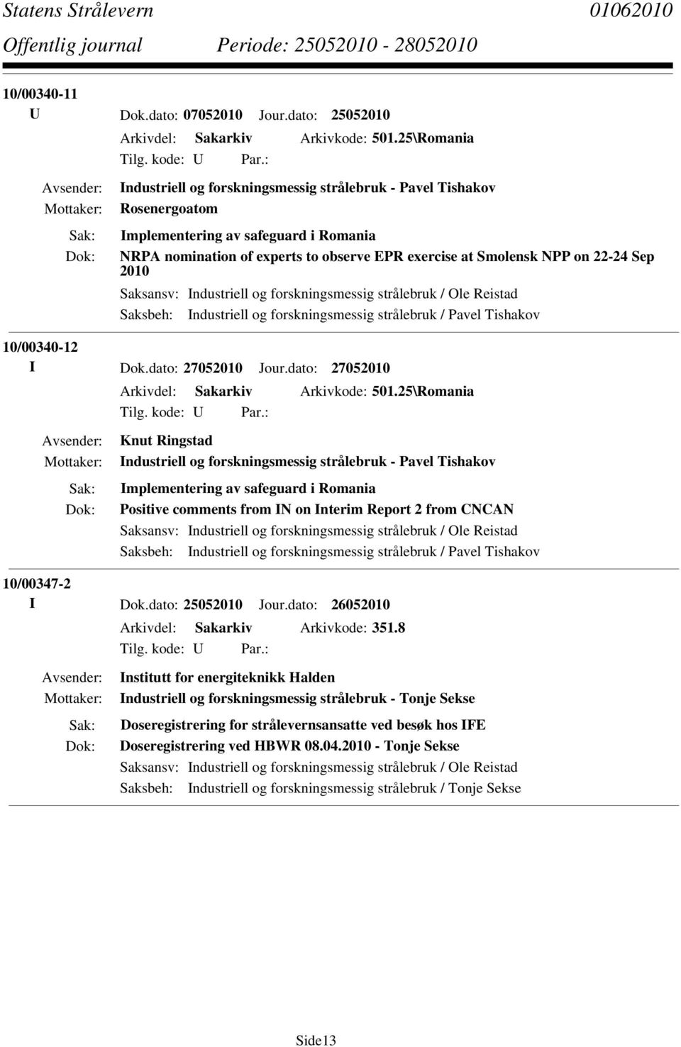 Sep 2010 Saksbeh: Industriell og forskningsmessig strålebruk / Pavel Tishakov 10/00340-12 I Dok.dato: 27052010 Jour.dato: 27052010 Arkivdel: Sakarkiv Arkivkode: 501.