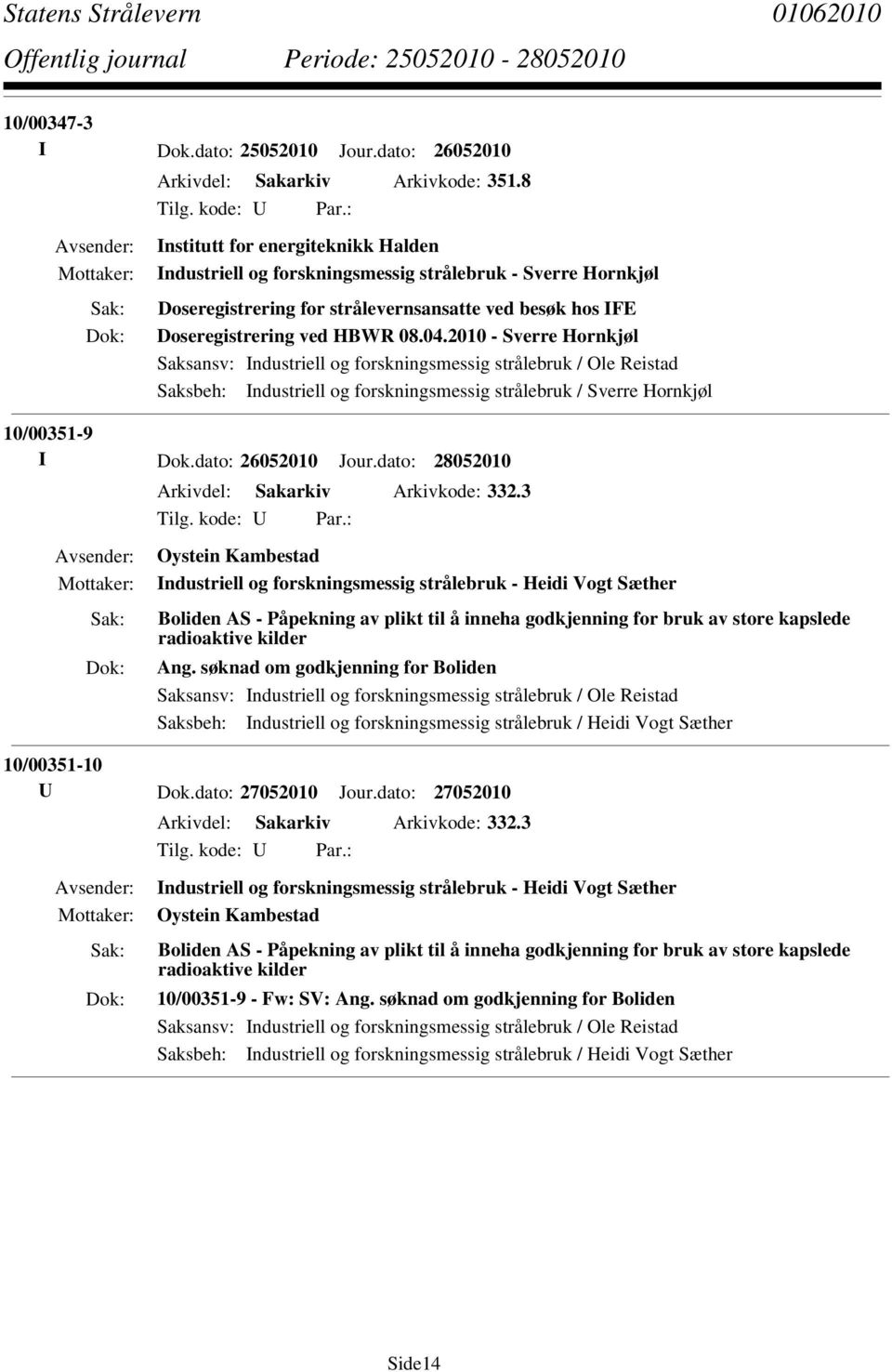 2010 - Sverre Hornkjøl Saksbeh: Industriell og forskningsmessig strålebruk / Sverre Hornkjøl 10/00351-9 I Dok.dato: 26052010 Jour.dato: 28052010 Arkivdel: Sakarkiv Arkivkode: 332.