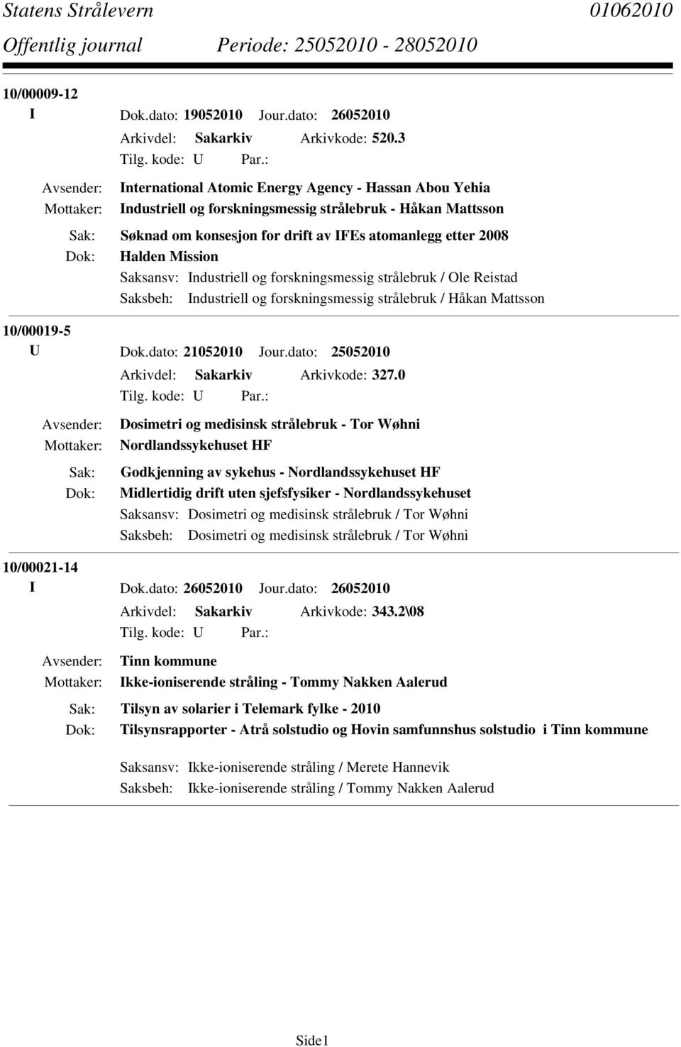 Saksbeh: Industriell og forskningsmessig strålebruk / Håkan Mattsson 10/00019-5 U Dok.dato: 21052010 Jour.dato: 25052010 Arkivdel: Sakarkiv Arkivkode: 327.