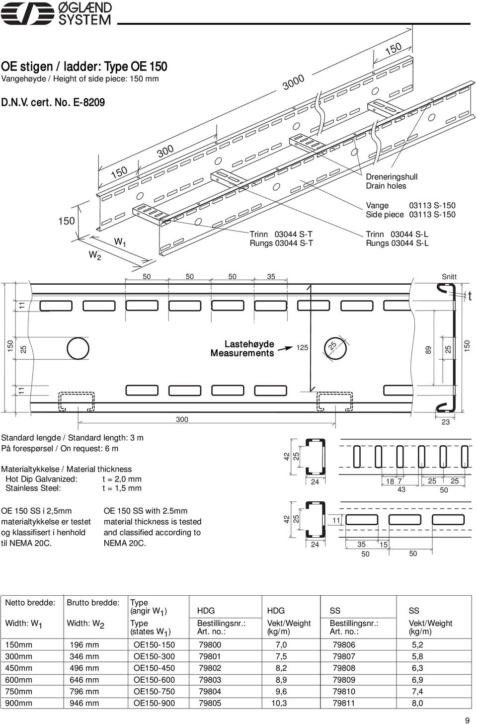 1 89 t 1 300 3 Standard lengde / Standard length: 3 m På forespørsel / On request: 6 m 4 Materialtykkelse / Material thic kness Hot Dip Galvanized: t =,0 mm Stainless Steel: t = 1,5 mm 4 18 7 43 OE 1