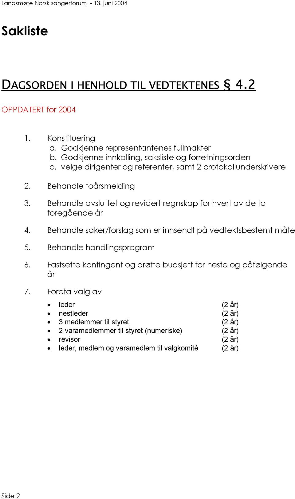 Behandle avsluttet og revidert regnskap for hvert av de to foregående år 4. Behandle saker/forslag som er innsendt på vedtektsbestemt måte 5. Behandle handlingsprogram 6.