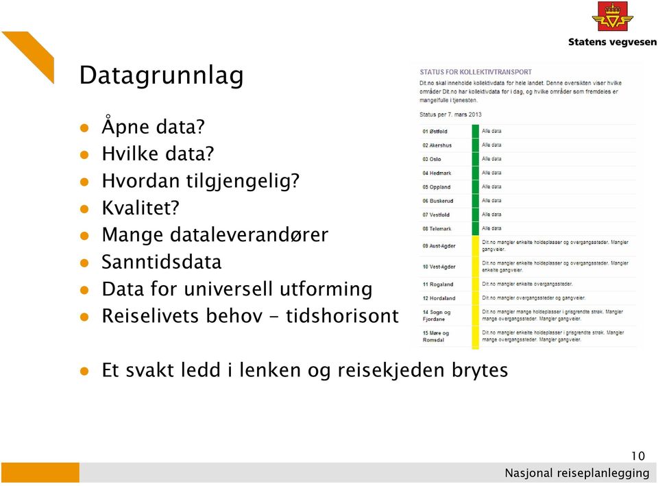 Mange dataleverandører Sanntidsdata Data for