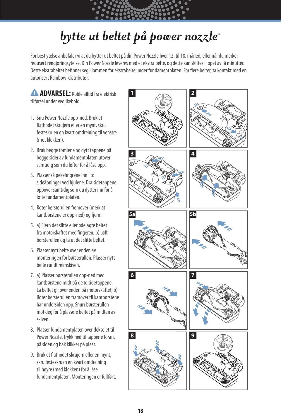 For flere belter, ta kontakt med en autorisert Rainbow-distributør.! ADVARSEL: Koble alltid fra elektrisk 1 2 3 4 5a 5b 6 7 8 9 tilførsel under vedlikehold. 1. Snu Power Nozzle opp-ned.