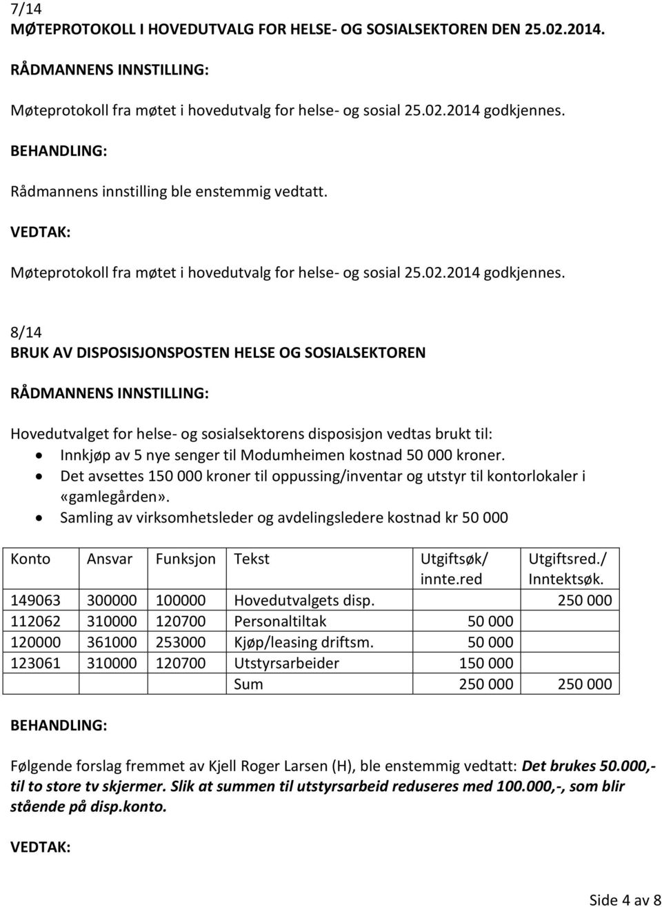 8/14 BRUK AV DISPOSISJONSPOSTEN HELSE OG SOSIALSEKTOREN Hovedutvalget for helse- og sosialsektorens disposisjon vedtas brukt til: Innkjøp av 5 nye senger til Modumheimen kostnad 50 000 kroner.