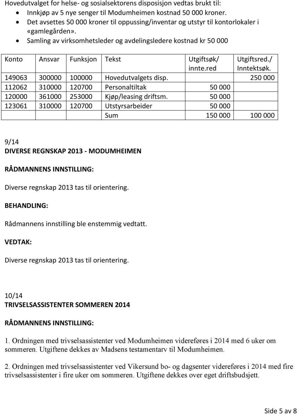 Samling av virksomhetsleder og avdelingsledere kostnad kr 50 000 Konto Ansvar Funksjon Tekst Utgiftsøk/ innte.red Utgiftsred./ Inntektsøk. 149063 300000 100000 Hovedutvalgets disp.