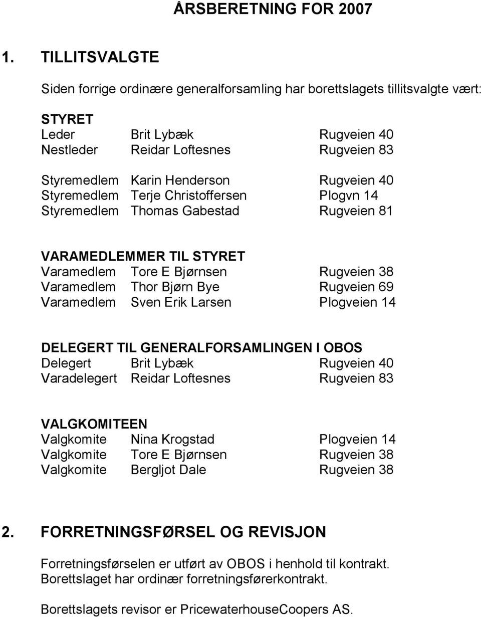 Rugveien 40 Styremedlem Terje Christoffersen Plogvn 14 Styremedlem Thomas Gabestad Rugveien 81 VARAMEDLEMMER TIL STYRET Varamedlem Tore E Bjørnsen Rugveien 38 Varamedlem Thor Bjørn Bye Rugveien 69