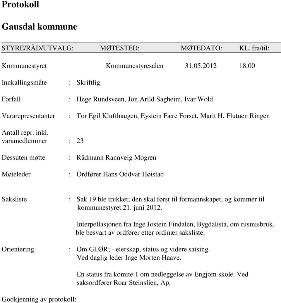 varamedlemmer : 23 Dessuten møtte Møteleder : Rådmann Rannveig Mogren : Ordfører Hans Oddvar Høistad Saksliste : Sak 19 ble trukket; den skal først til formannskapet, og kommer til kommunestyret 21.