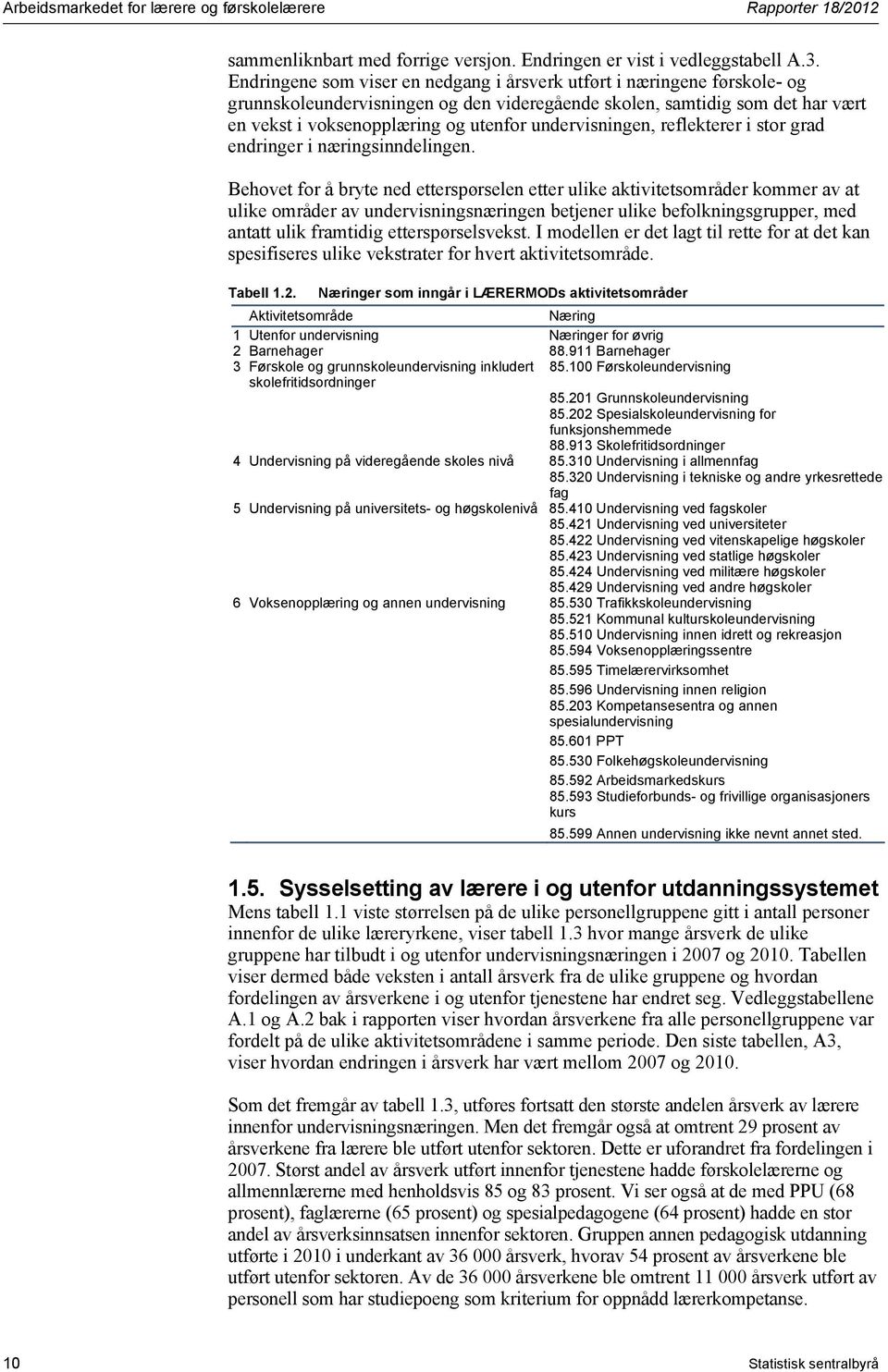 undervisningen, reflekterer i stor grad endringer i næringsinndelingen.