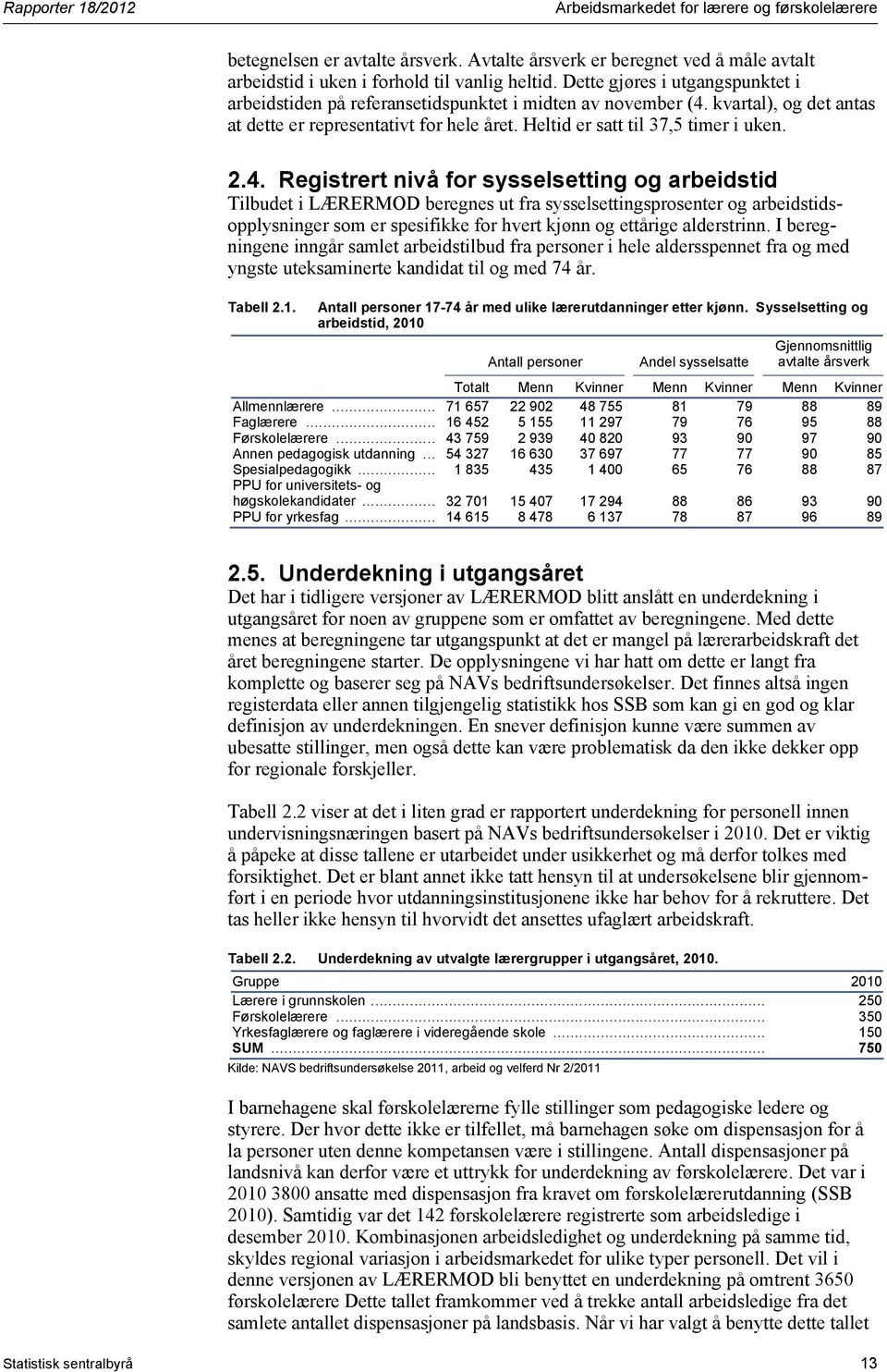 4. Registrert nivå for sysselsetting og arbeidstid Tilbudet i LÆRERMOD beregnes ut fra sysselsettingsprosenter og arbeidstidsopplysninger som er spesifikke for hvert kjønn og ettårige alderstrinn.